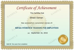 HIPAA Overview Training Sample Certificate