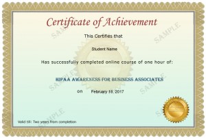 HIPAA Business Associate Training Sample Certificate